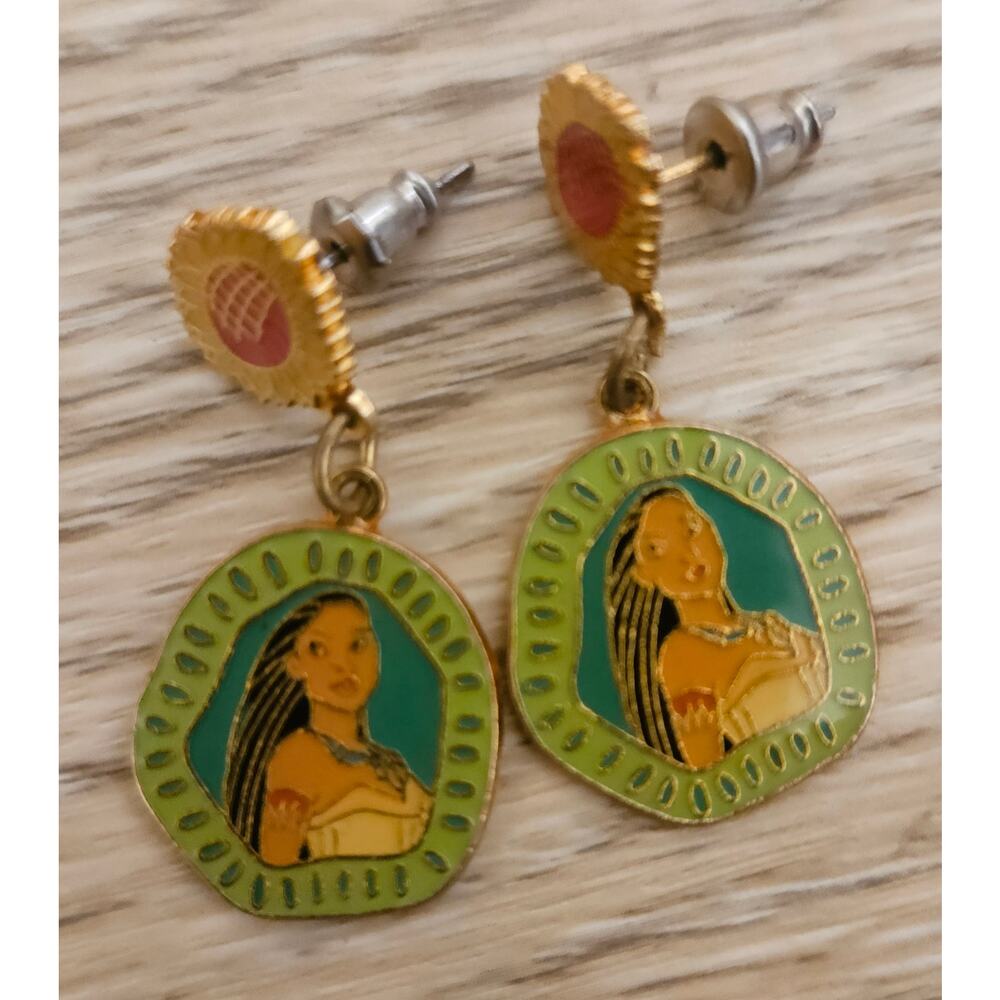 Vintage 90's Disney Pocahontas Earrings Sunflower Dangle Earring Enamel Princess